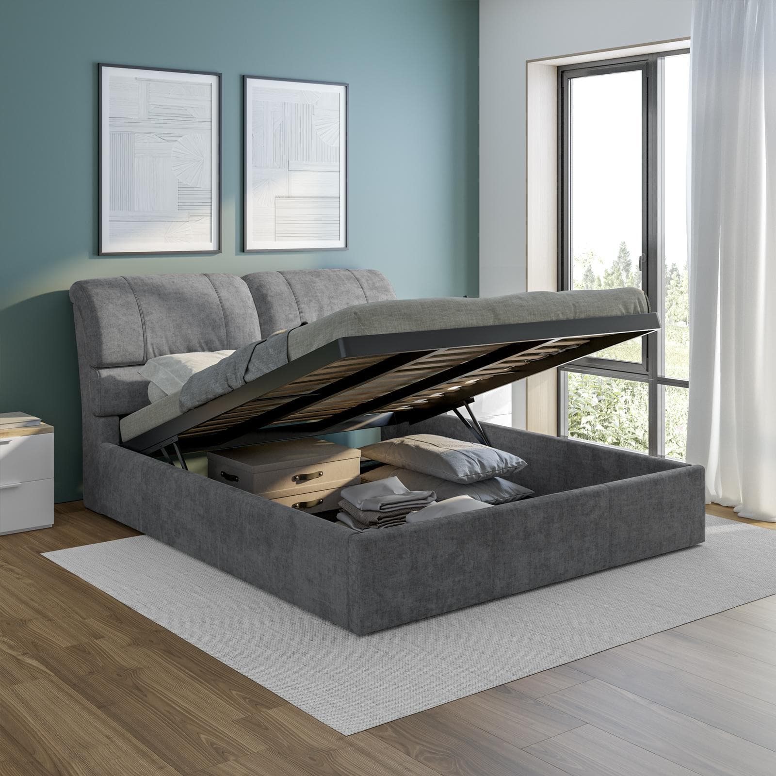 Letto matrimoniale contenitore 160x190 cm con testata sofà imbottita in tessuto cenere - Zulai