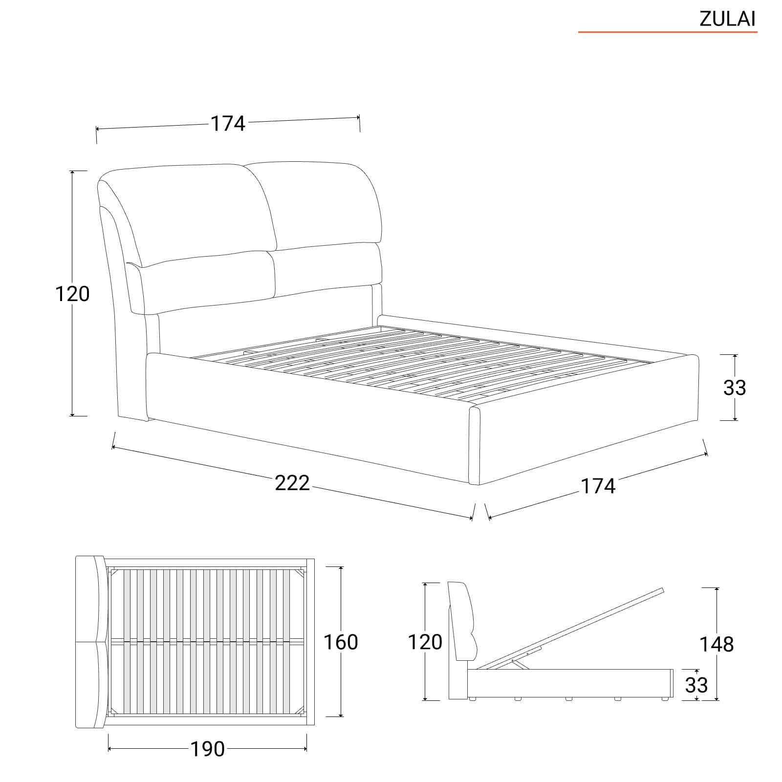 Letto matrimoniale contenitore 160x190 cm con testata sofà imbottita in tessuto cenere - Zulai
