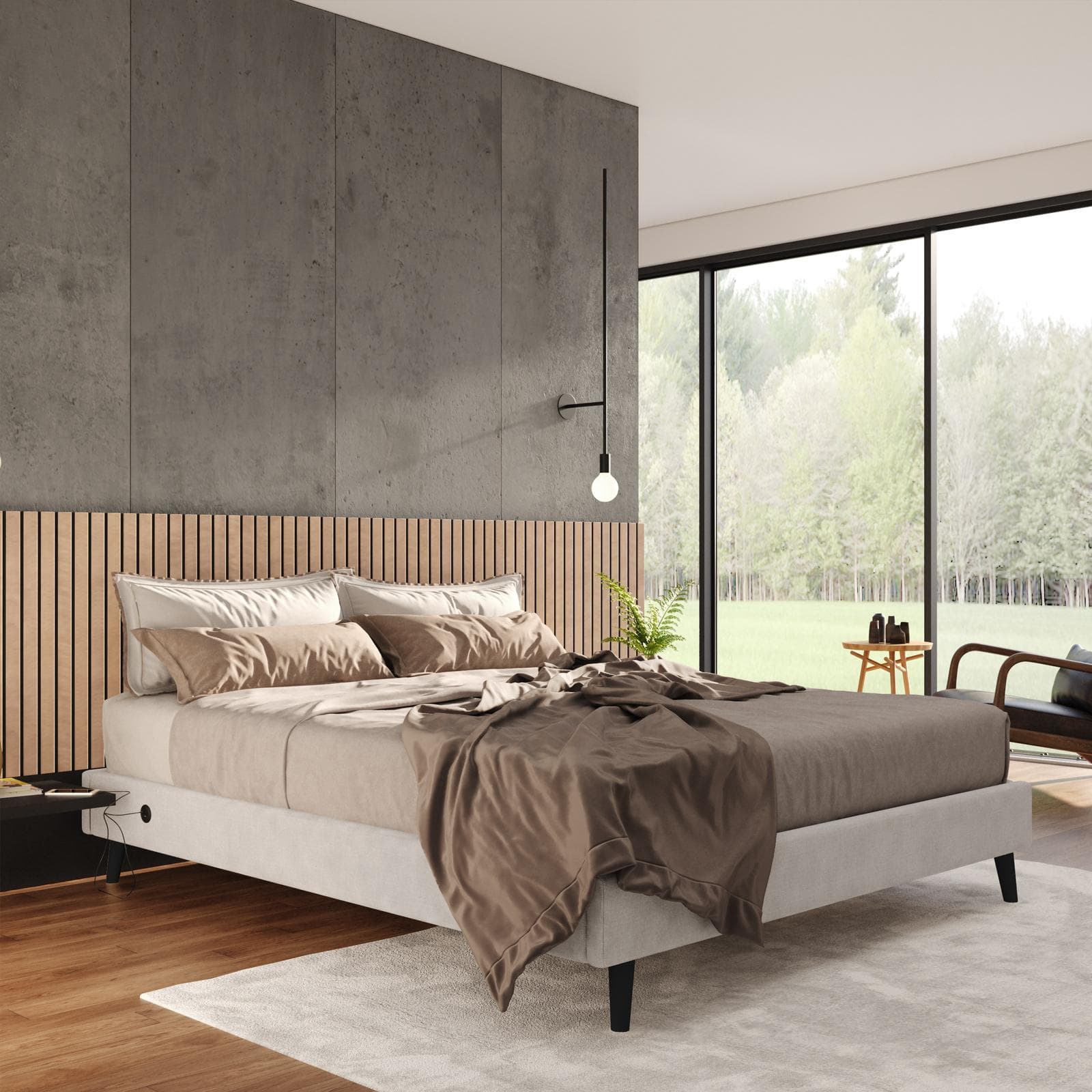 Letto matrimoniale sommier 160x190 cm in tessuto crema con prese USB laterali - Columbus