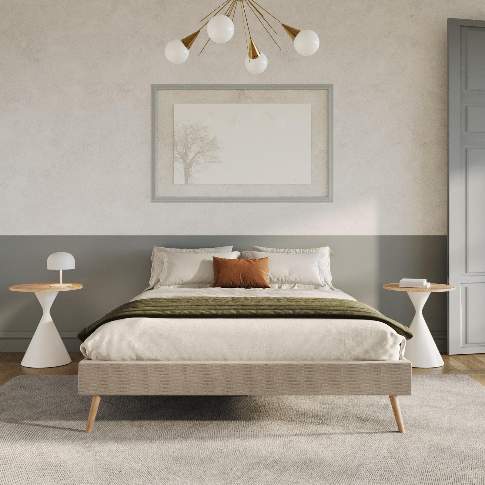 Letto matrimoniale sommier 160x200 cm in tessuto effetto maglia beige - Anker