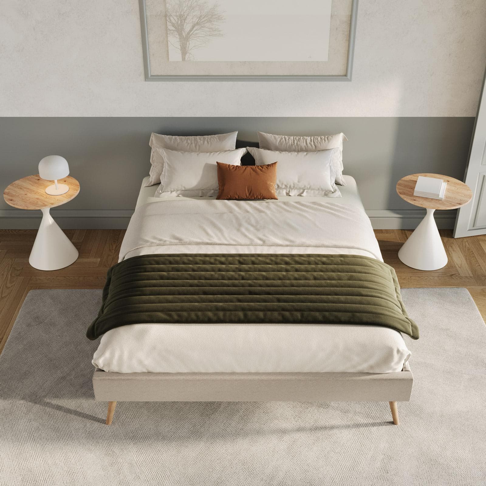Letto matrimoniale sommier 160x200 cm in tessuto effetto maglia beige - Anker
