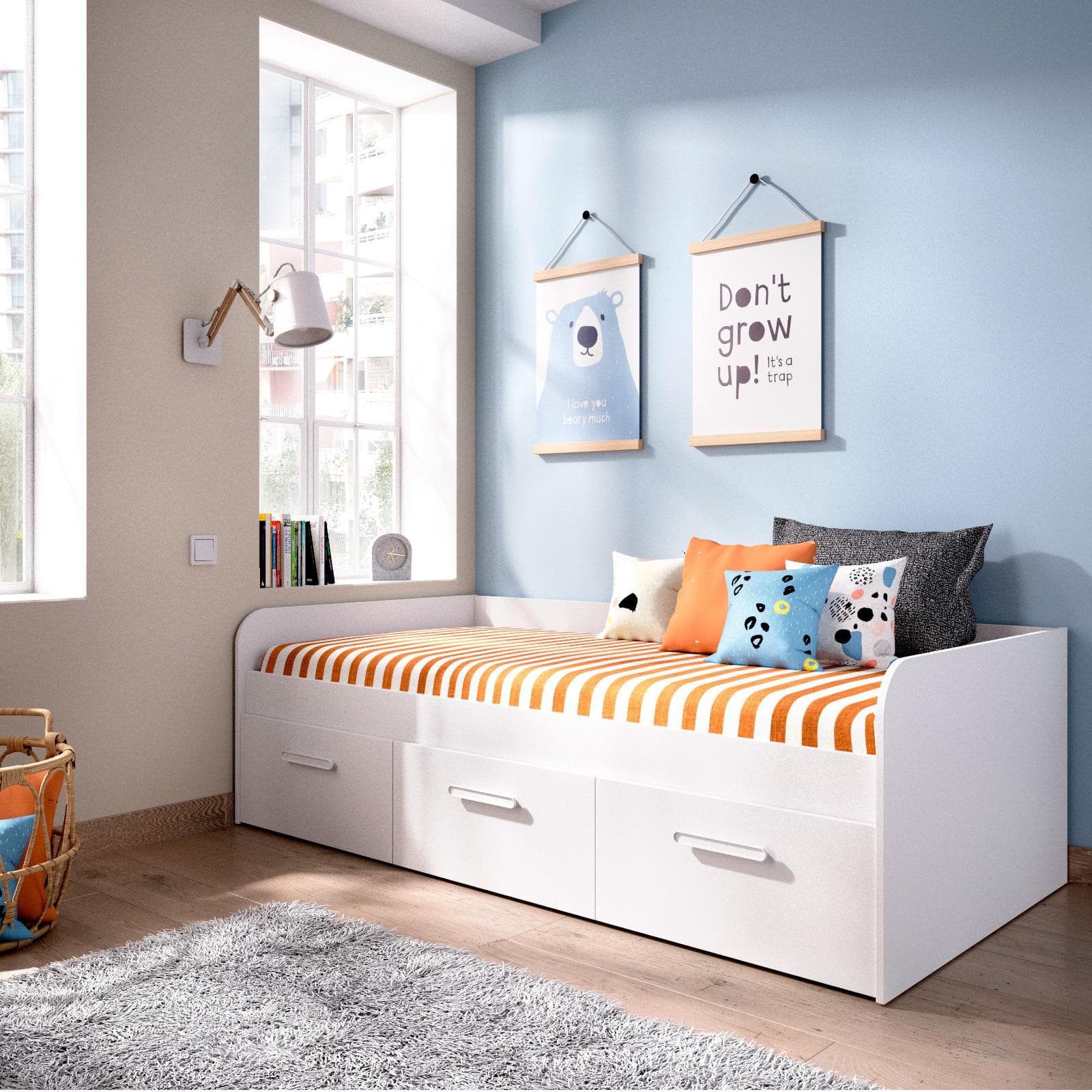 Letto singolo 90x190 cm in legno bianco con tre cassetti - Kamy