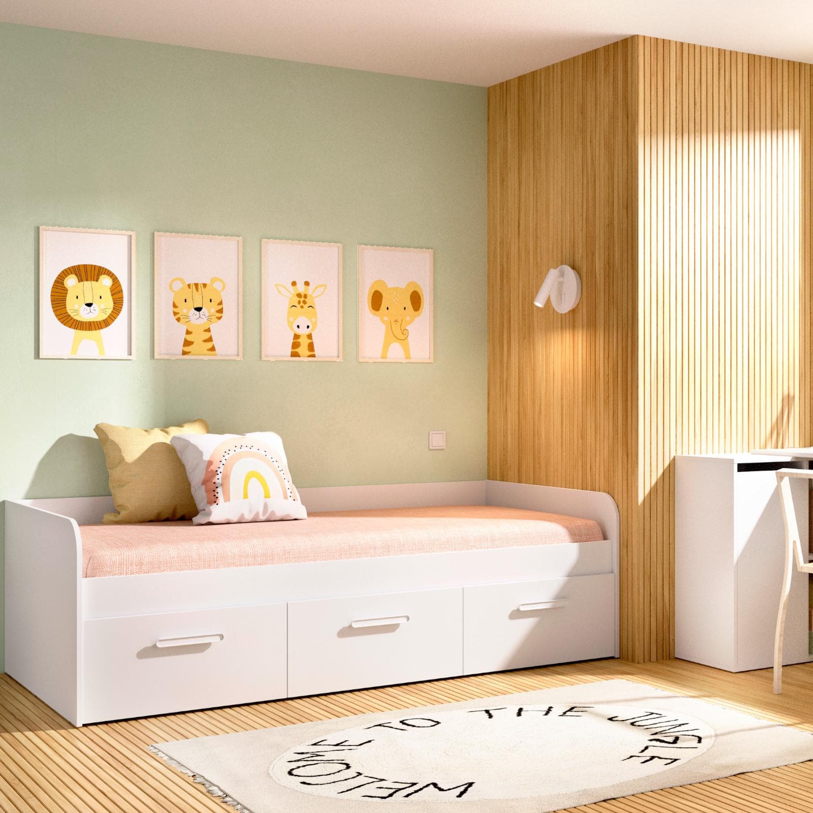Letto singolo 90x190 cm in legno bianco con tre cassetti - Kamy