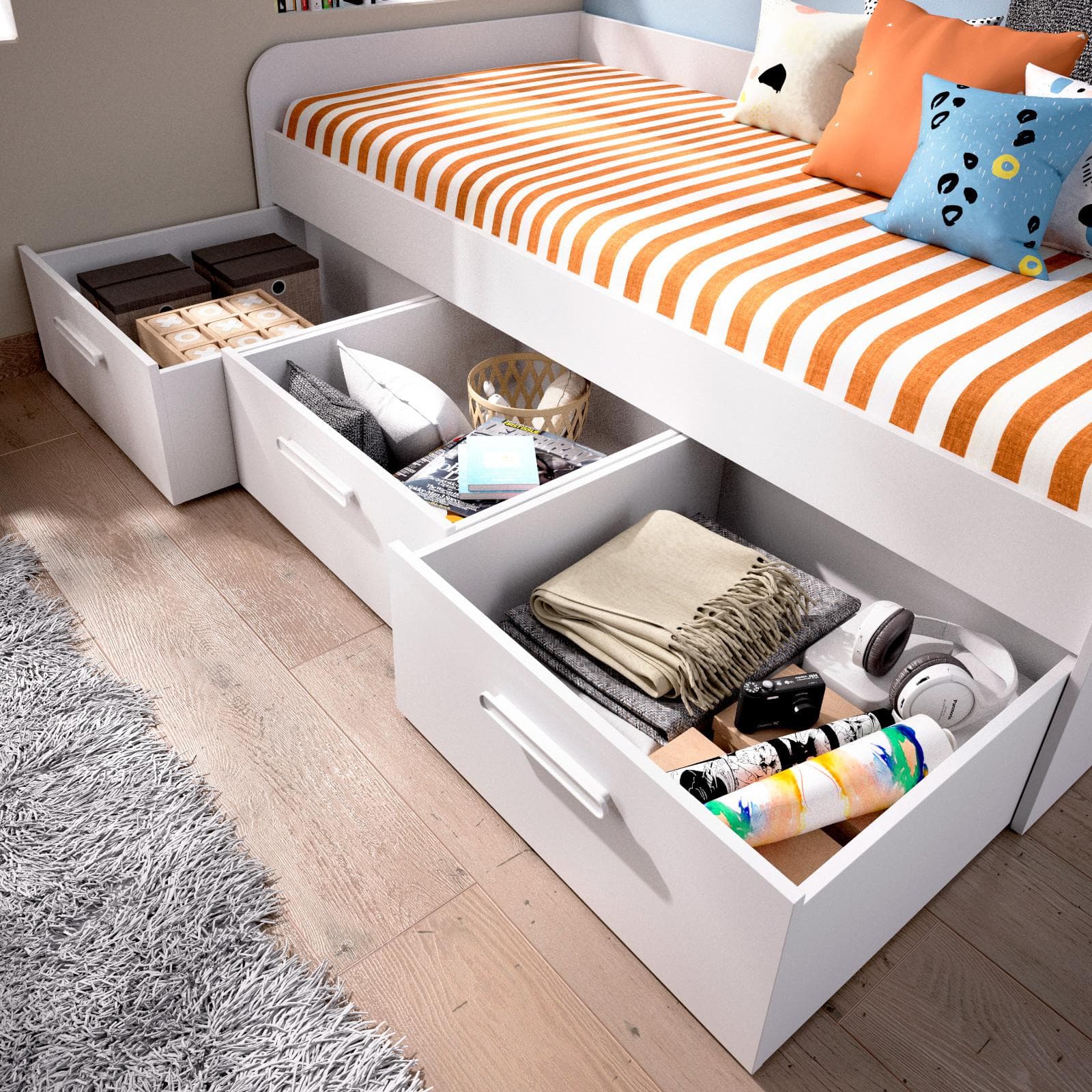 Letto singolo 90x190 cm in legno bianco con tre cassetti - Kamy