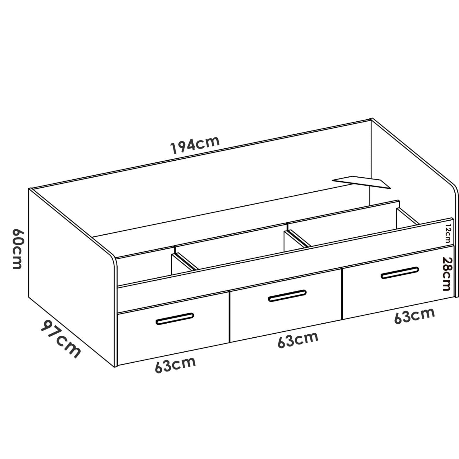Letto singolo 90x190 cm in legno bianco con tre cassetti - Kamy