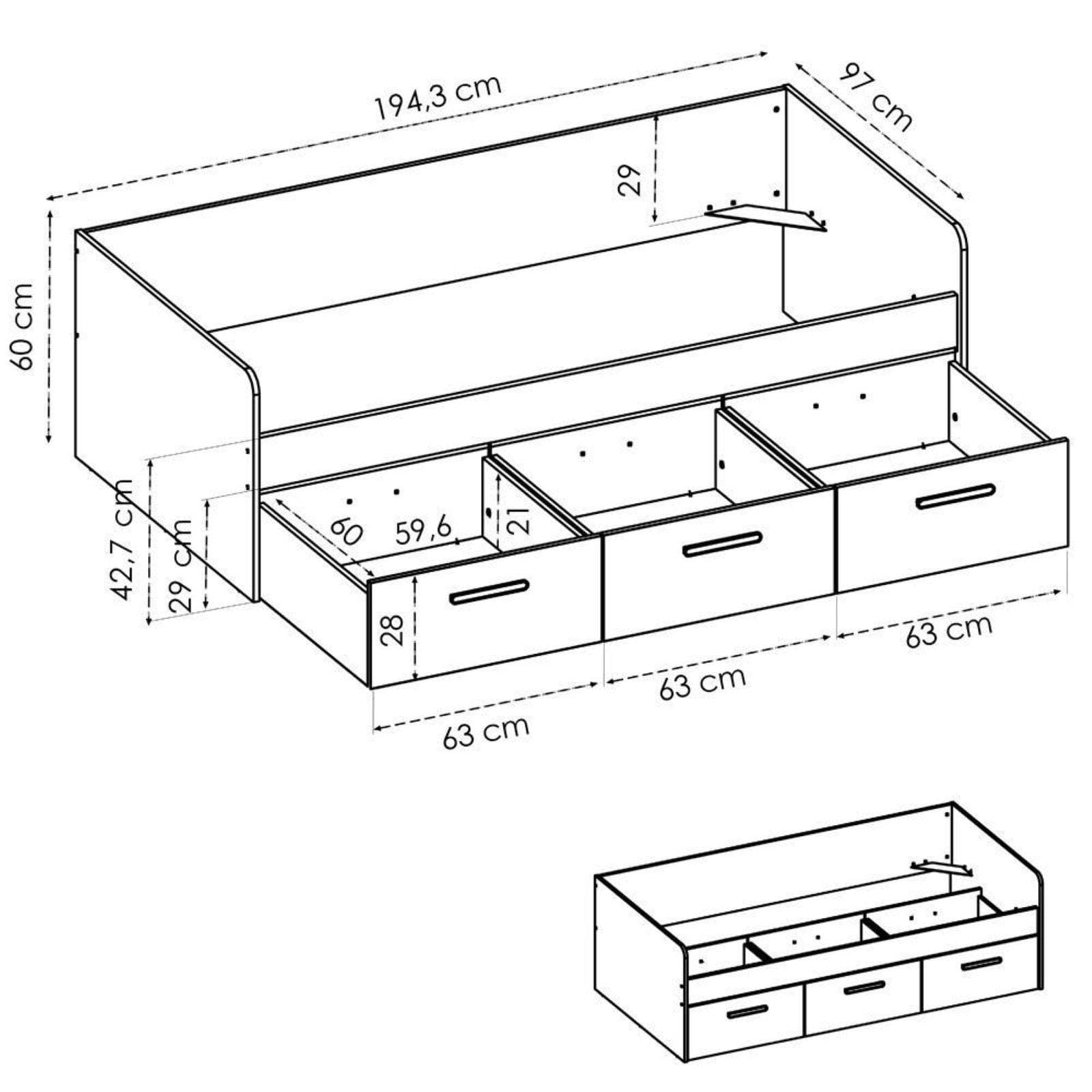 Letto singolo 90x190 cm in legno bianco con tre cassetti - Kamy