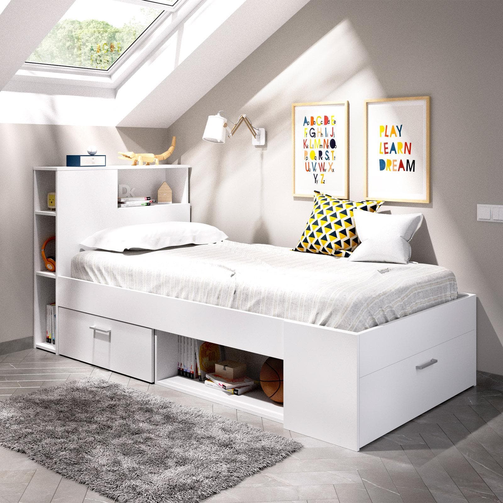 Letto singolo 90X190 cm in legno bianco con vani e cassetti - Kygo