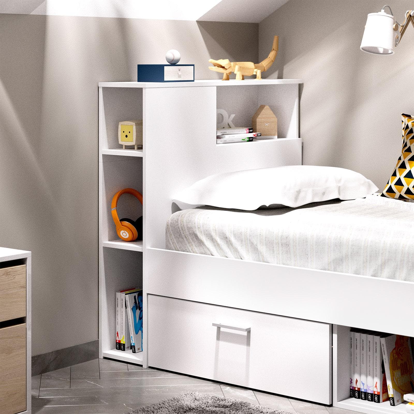 Letto singolo 90X190 cm in legno bianco con vani e cassetti - Kygo