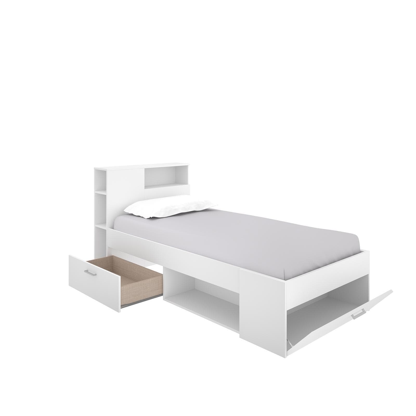 Letto singolo 90X190 cm in legno bianco con vani e cassetti - Kygo