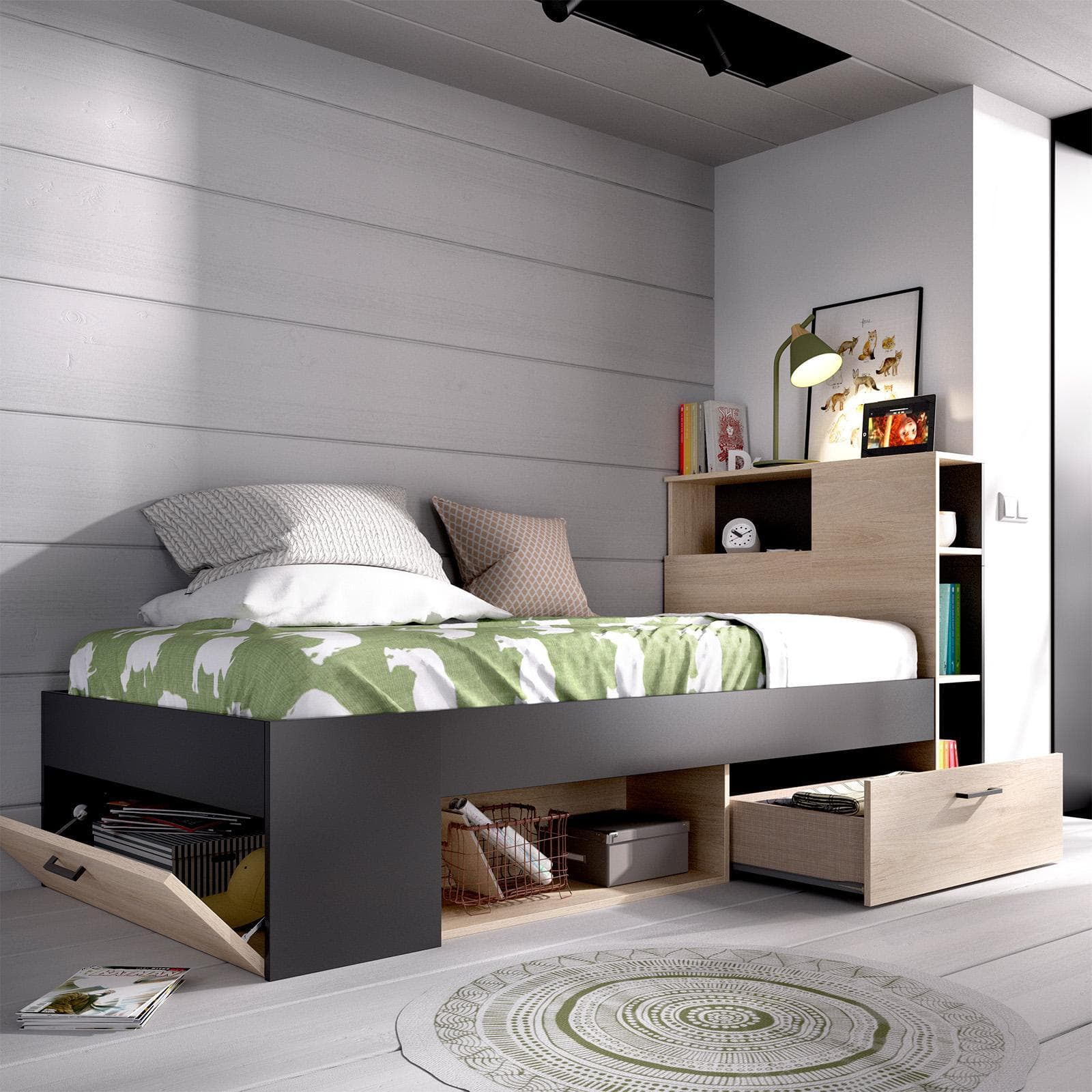 Letto singolo 90X190 cm in legno naturale e grafite con vani e cassetti - Kygo