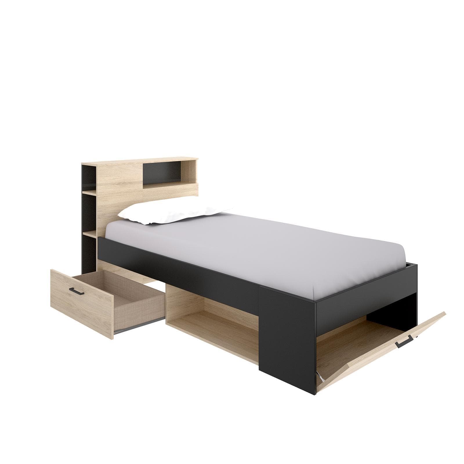 Letto singolo 90X190 cm in legno naturale e grafite con vani e cassetti - Kygo