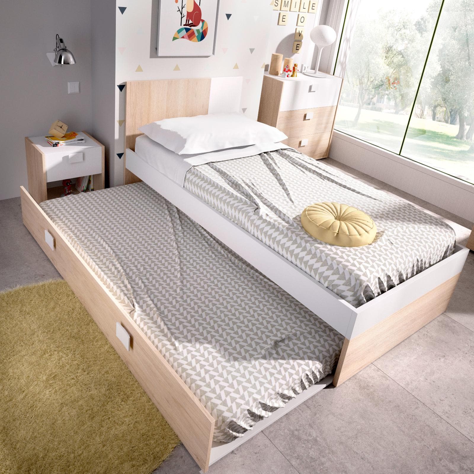 Letto singolo 90x190 cm in legno bianco e naturale con letto estraibile - Dinasty