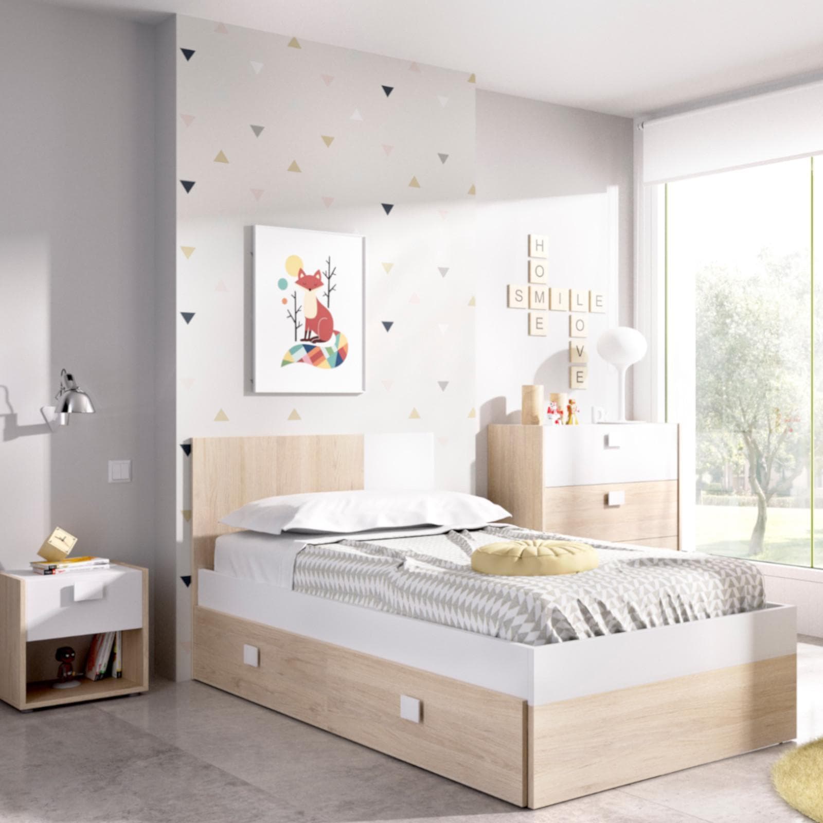 Letto singolo 90X190 in legno bianco e naturale con due cassetti inferiori - Dinasty