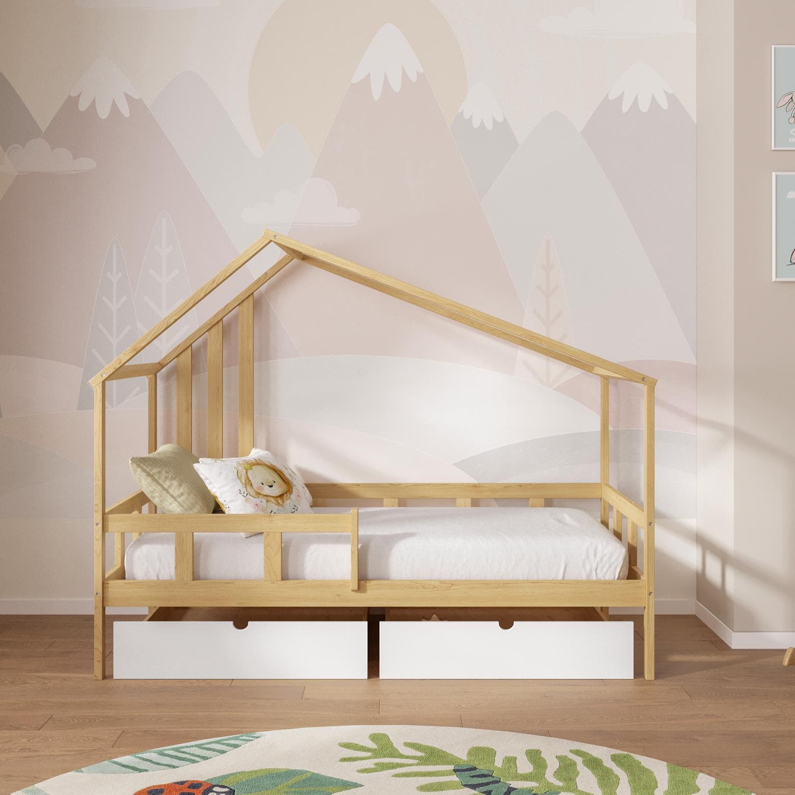Letto per bambini 90x190 cm in legno naturale con 2 cassettoni bianco - Lollipop