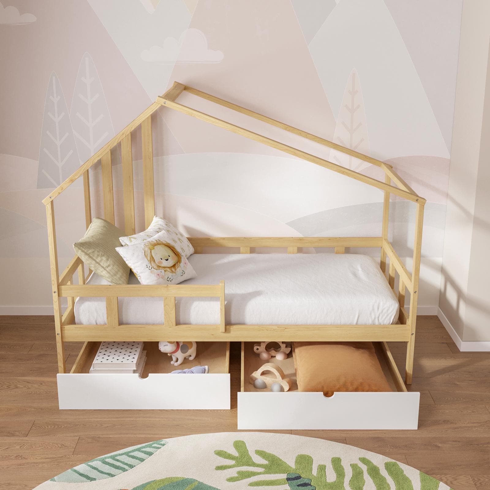 Letto per bambini 90x190 cm in legno naturale con 2 cassettoni bianco - Lollipop
