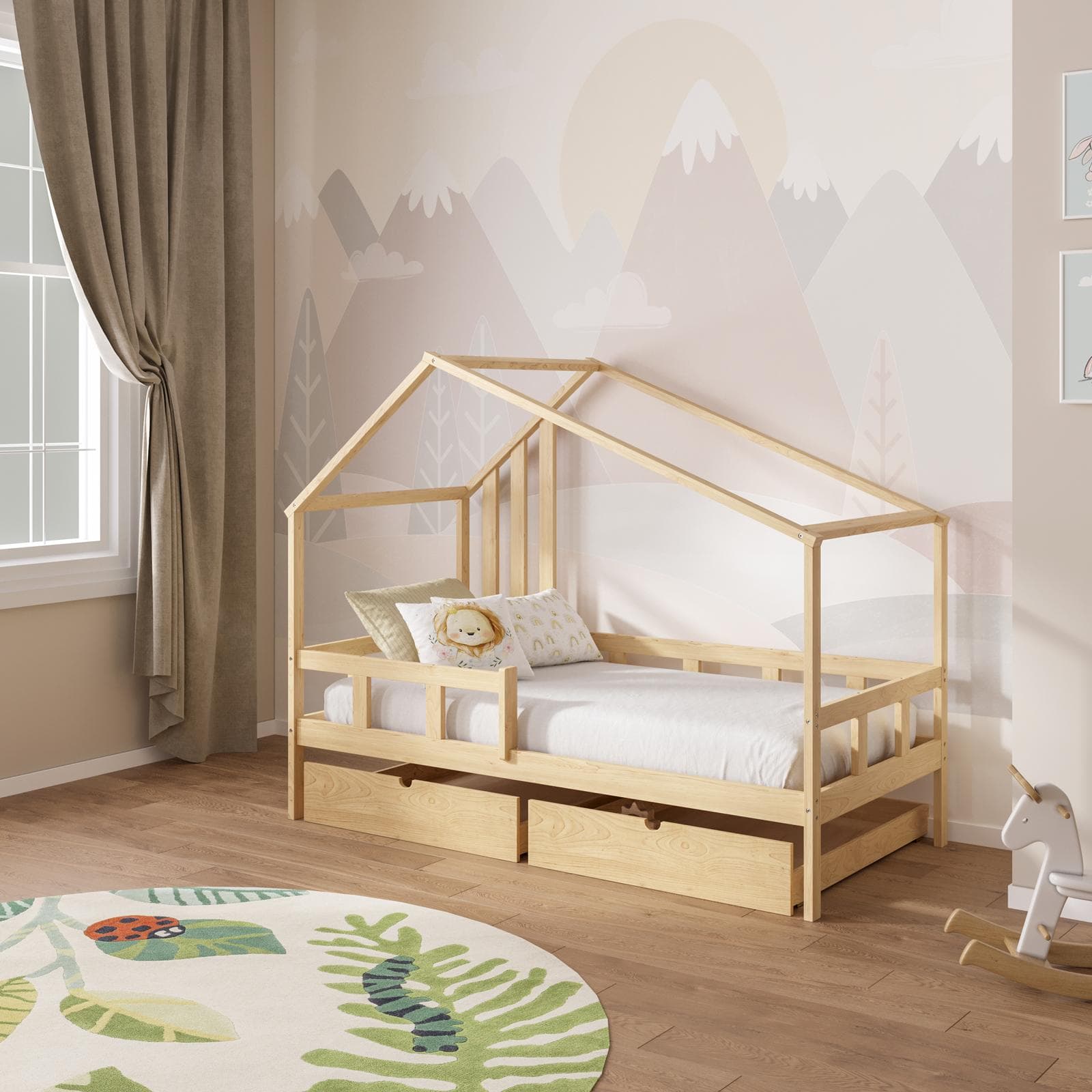 Letto per bambini 90x190 cm in legno naturale con 2 cassettoni in legno naturale - Lollipop