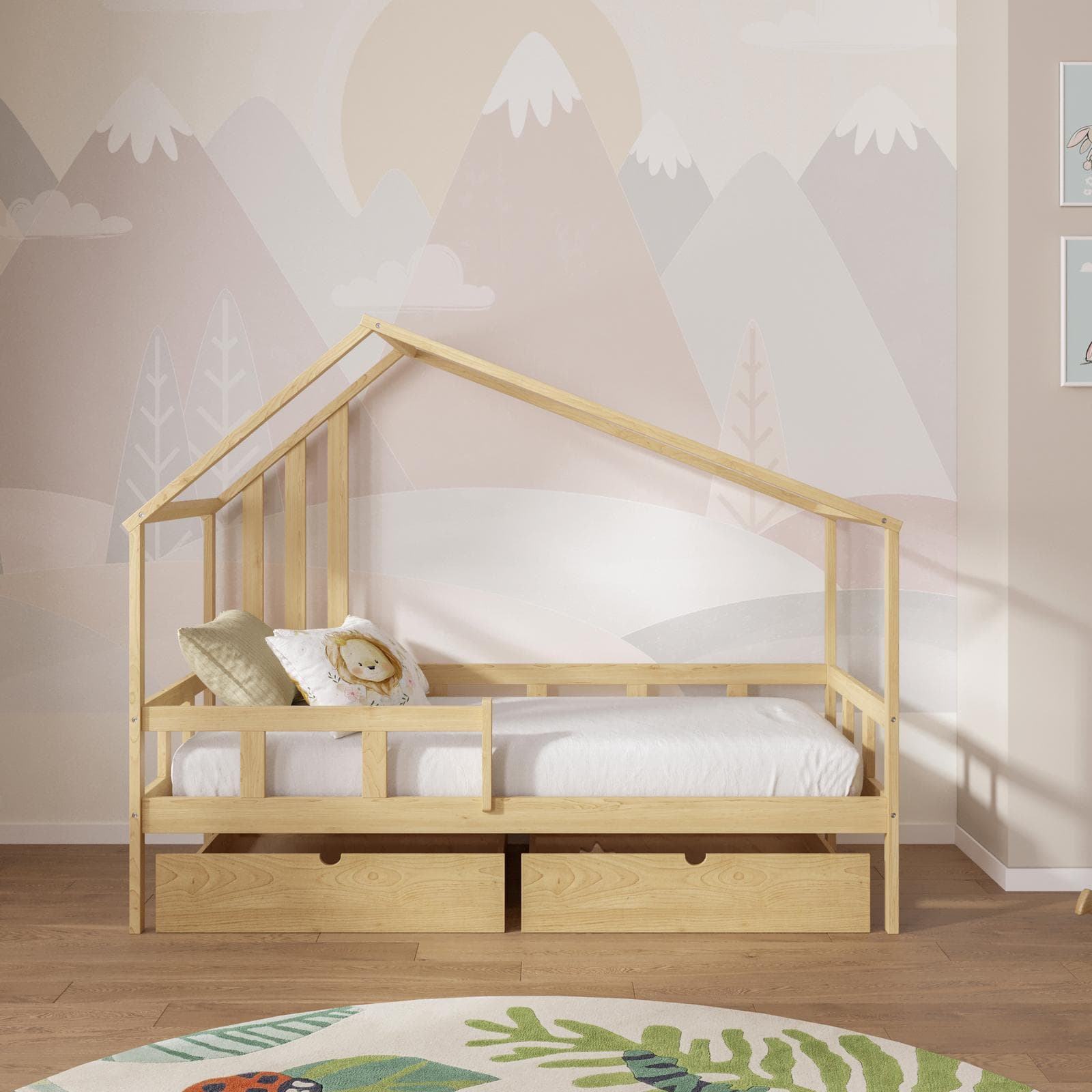 Letto per bambini 90x190 cm in legno naturale con 2 cassettoni in legno naturale - Lollipop