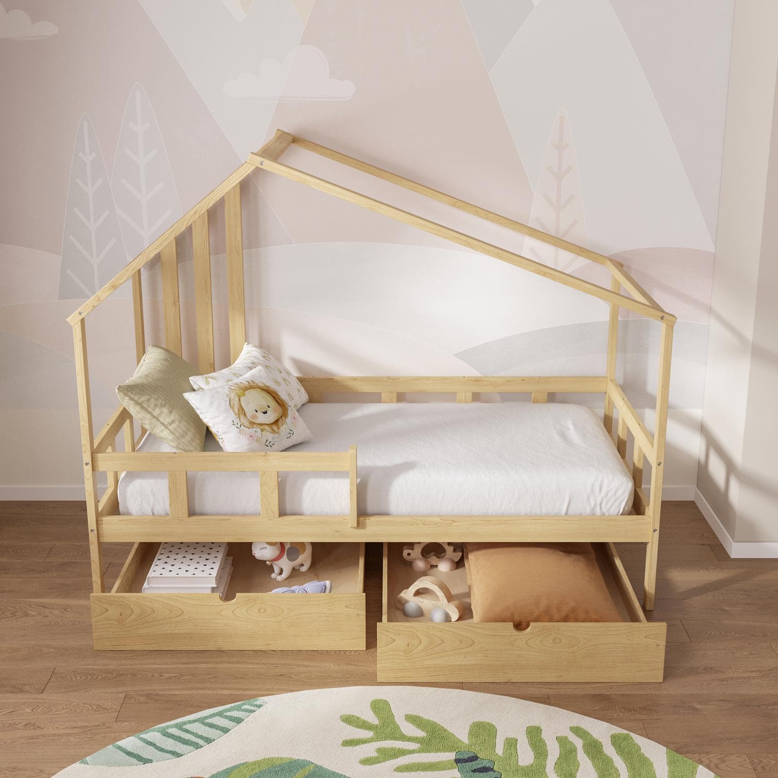 Letto per bambini 90x190 cm in legno naturale con 2 cassettoni in legno naturale - Lollipop