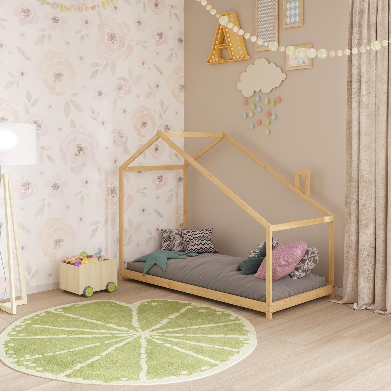 Letto per bambini 90x190 cm in legno naturale a forma di casa - Lollipop