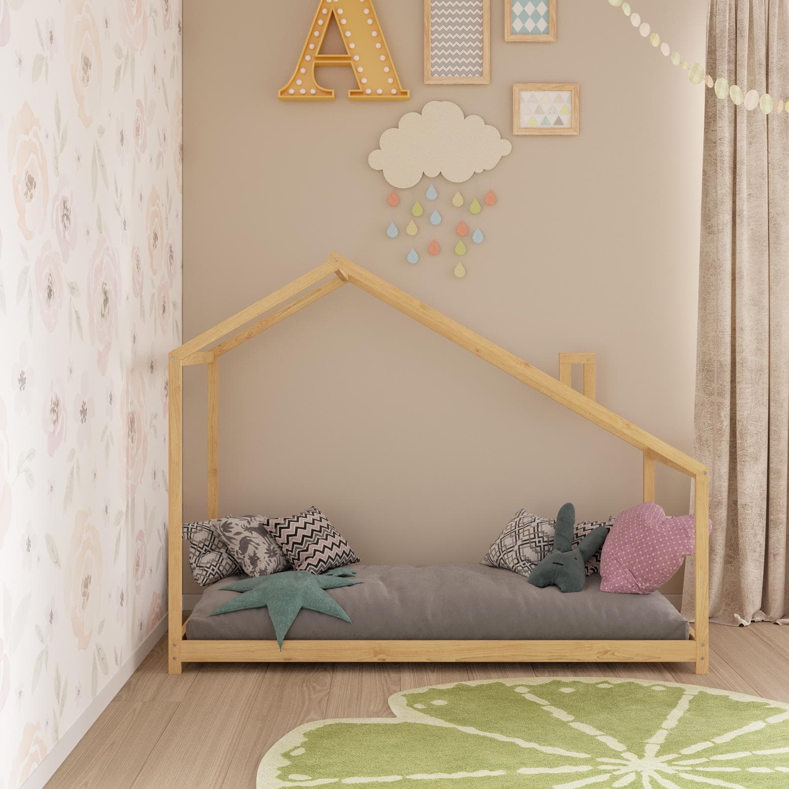 Letto per bambini 90x190 cm in legno naturale a forma di casa - Lollipop