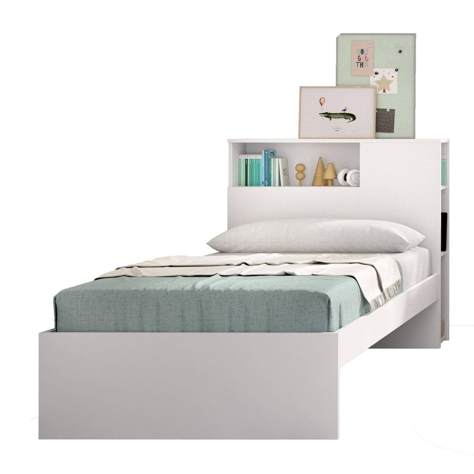 Letto singolo 90x190 cm bianco con testata reversibile e vani - Kygo