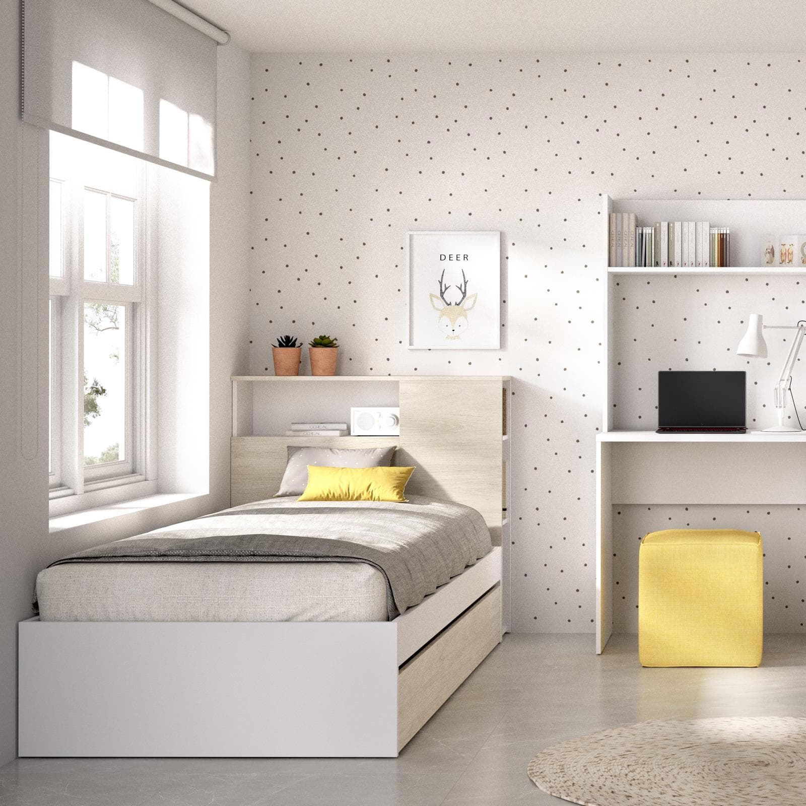 Letto singolo 90x190 cm bianco ed effetto rovere naturale con testata reversibile e vani e letto estraibile - Kygo