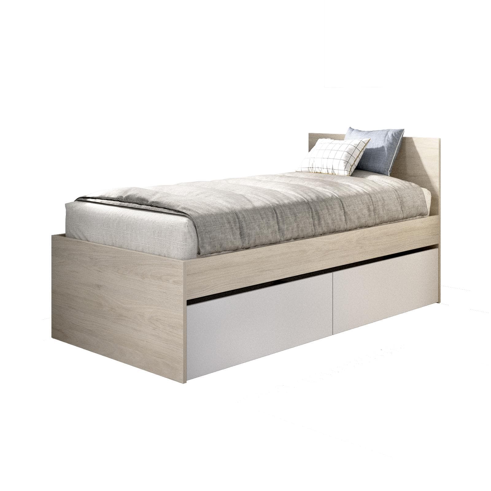 Letto singolo 90x190 cm effetto rovere naturale con testata e cassetti bianco - Thera