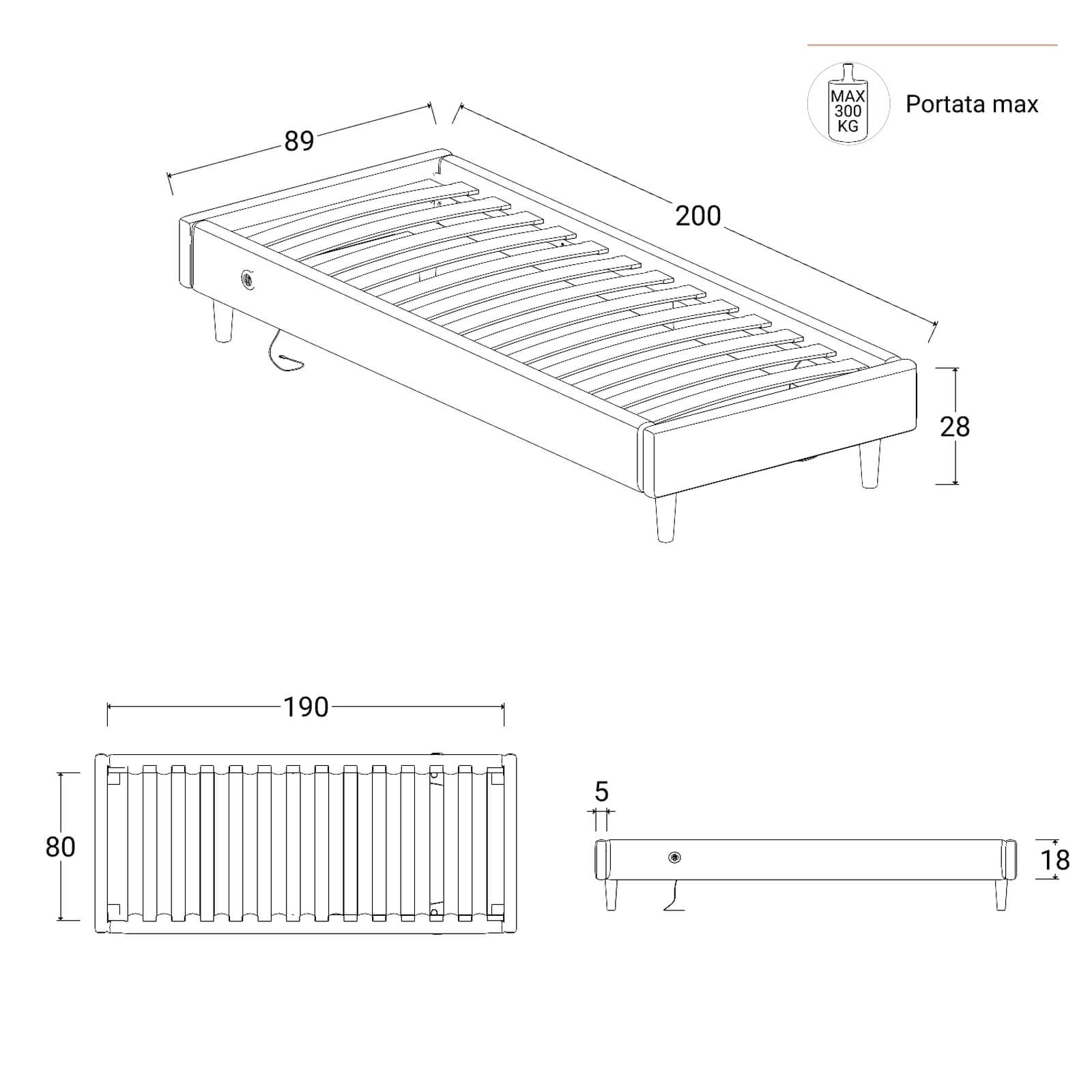 Letto singolo sommier 80x190 cm in tessuto verde salvia con prese USB laterali - Columbus