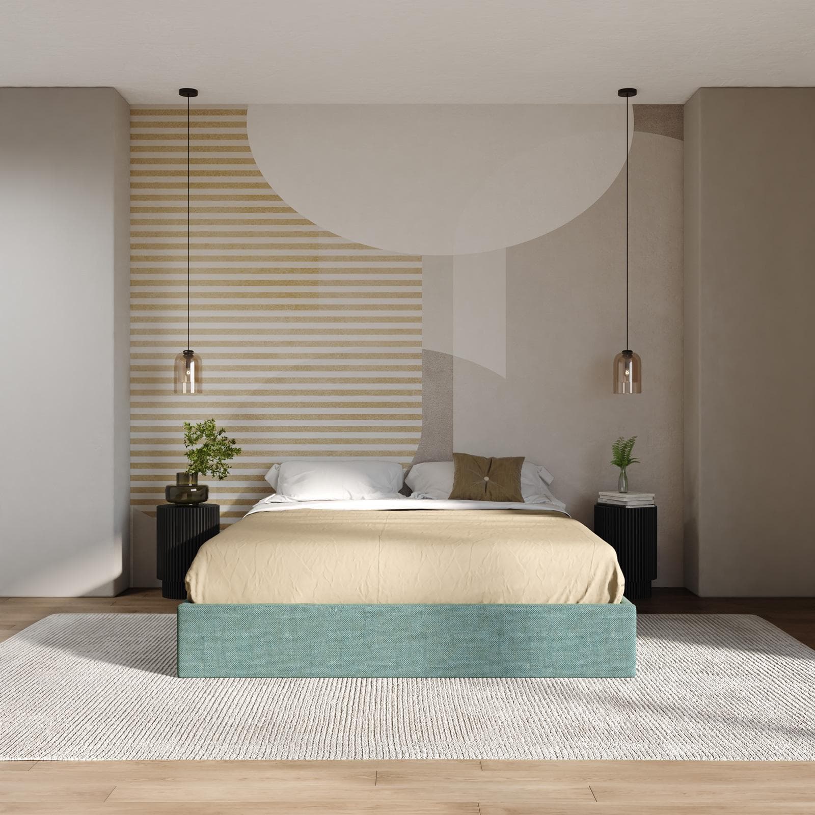 Letto sommier matrimoniale 160x190 cm in tessuto effetto maglia verde salvia con contenitore - Luton