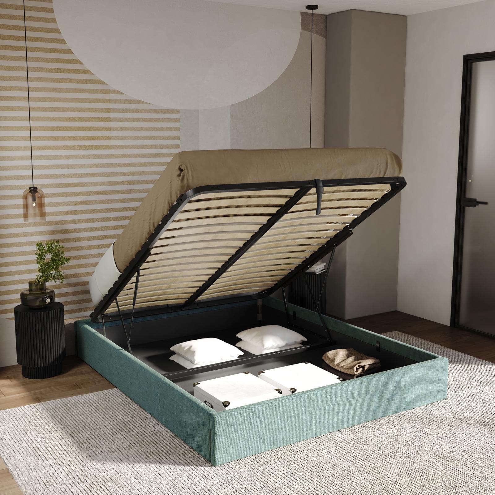 Letto sommier matrimoniale 160x190 cm in tessuto effetto maglia verde salvia con contenitore - Luton