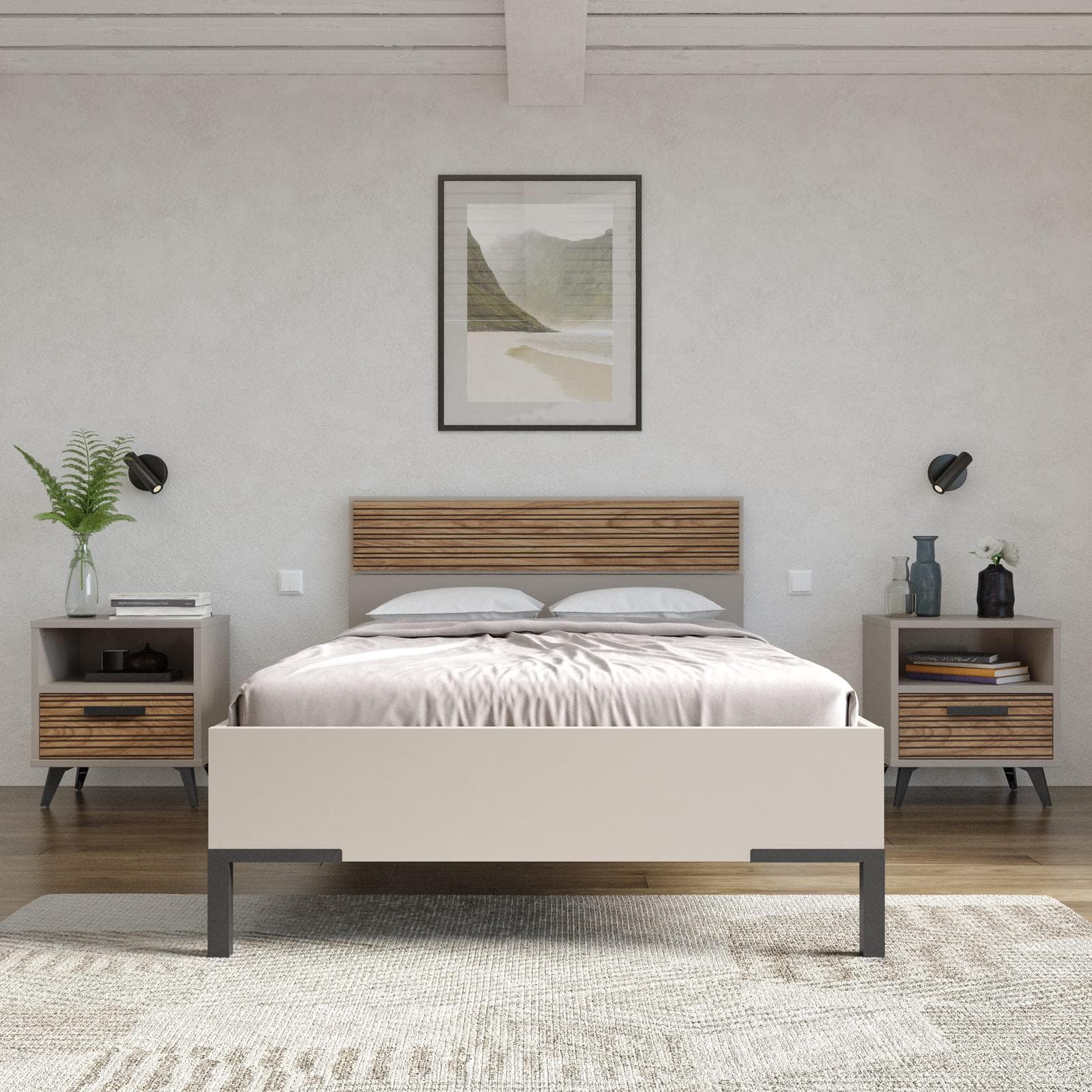 Letto una piazza e mezza 120x200 cm cashmere opaco e rovere effetto cannettato - Bizet