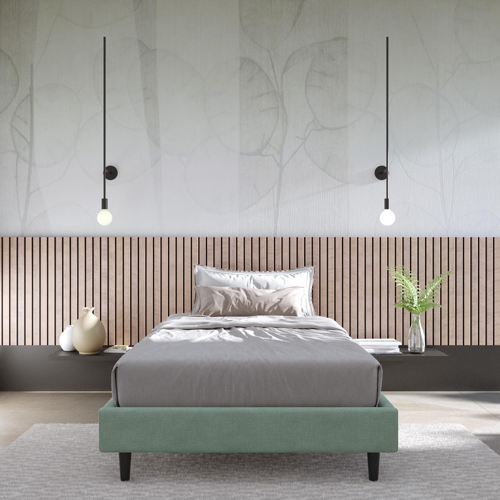 Letto una piazza e mezza sommier 120x190 cm in tessuto verde salvia con prese USB laterali - Columbus