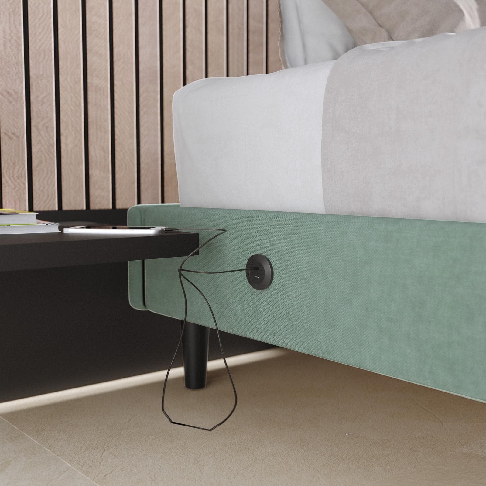 Letto una piazza e mezza sommier 120x190 cm in tessuto verde salvia con prese USB laterali - Columbus
