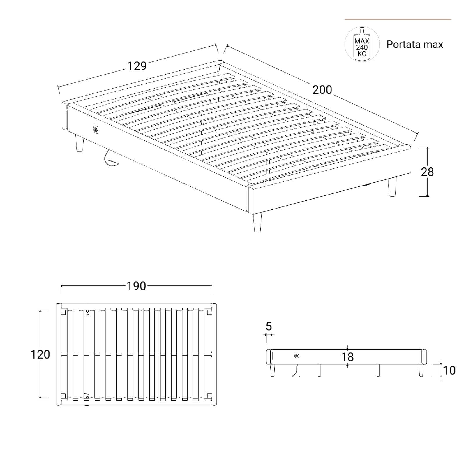 Letto una piazza e mezza sommier 120x190 cm in tessuto verde salvia con prese USB laterali - Columbus