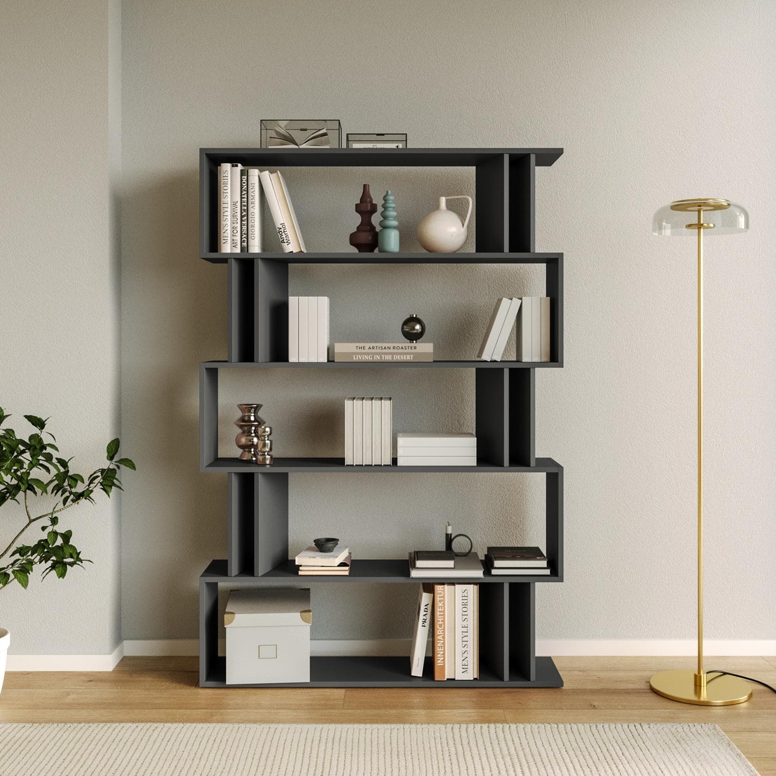 Libreria 110x161h cm in legno antracite con 10 vani - Kantiko