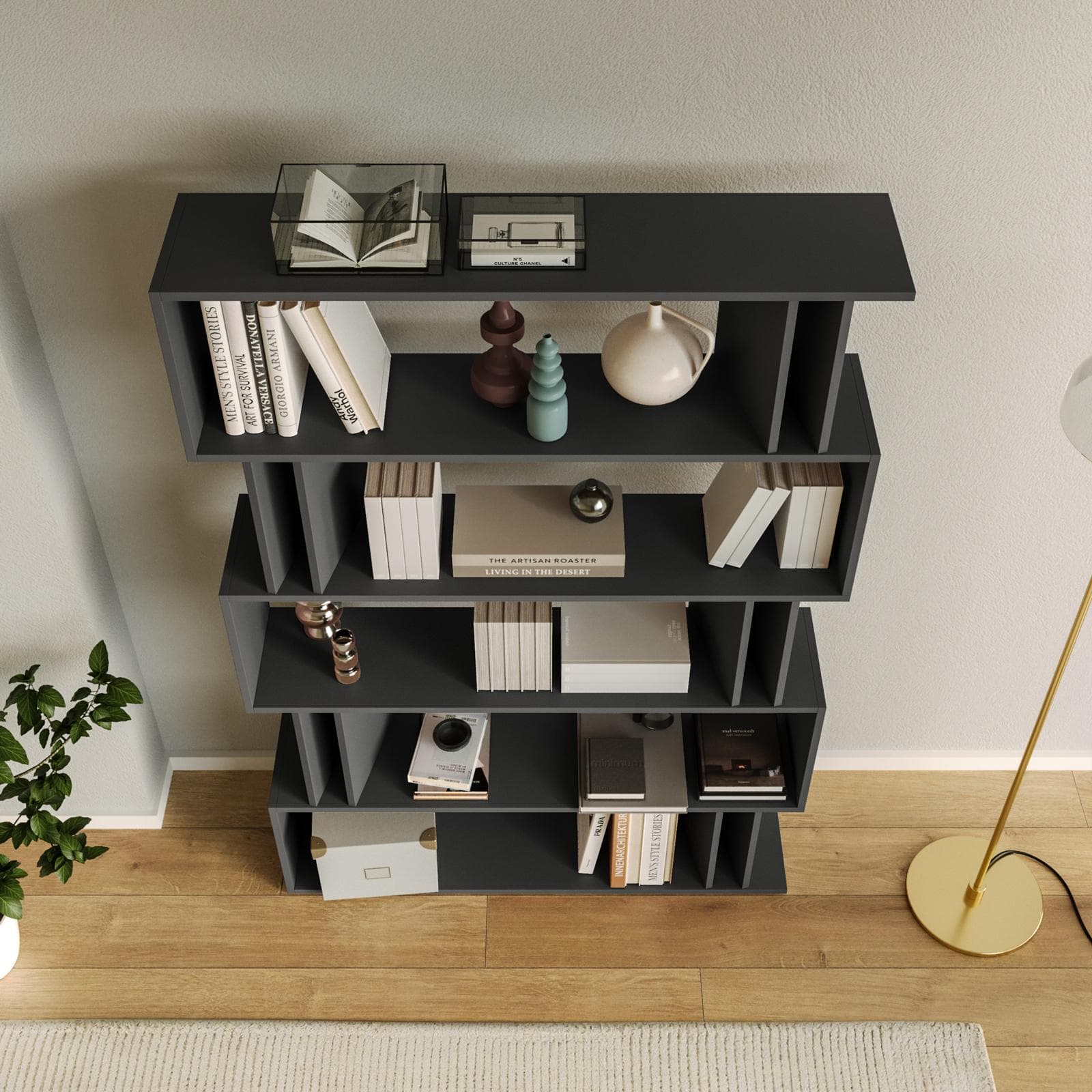 Libreria 110x161h cm in legno antracite con 10 vani - Kantiko