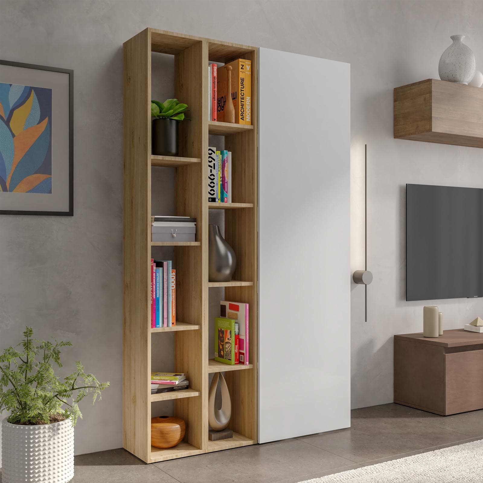 Libreria 109x185h cm 3 elementi con vani a giorno cadiz e anta bianco lucido - Clary