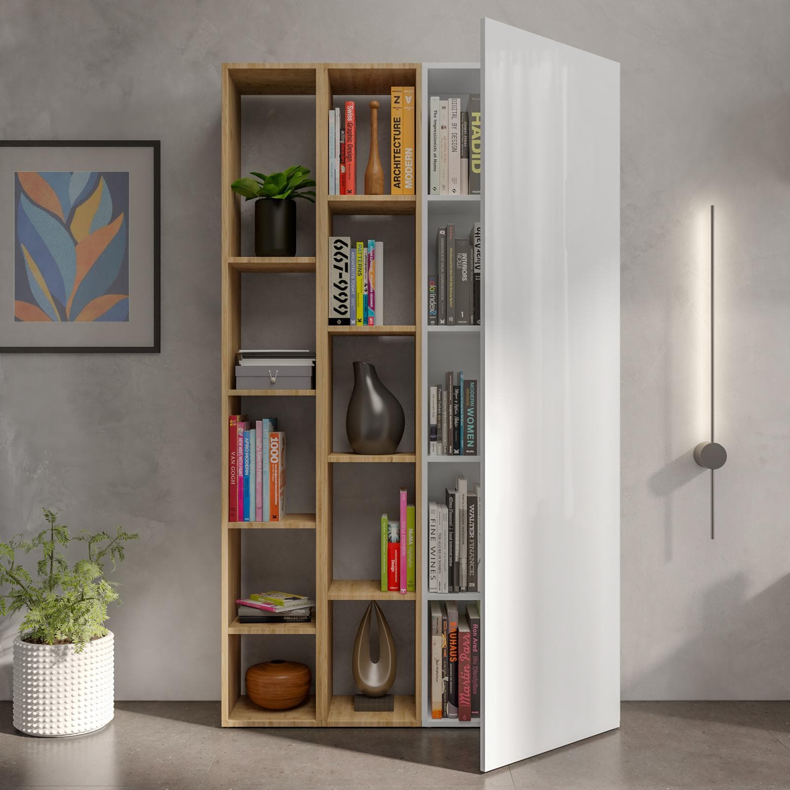 Libreria 109x185h cm 3 elementi con vani a giorno cadiz e anta bianco lucido - Clary