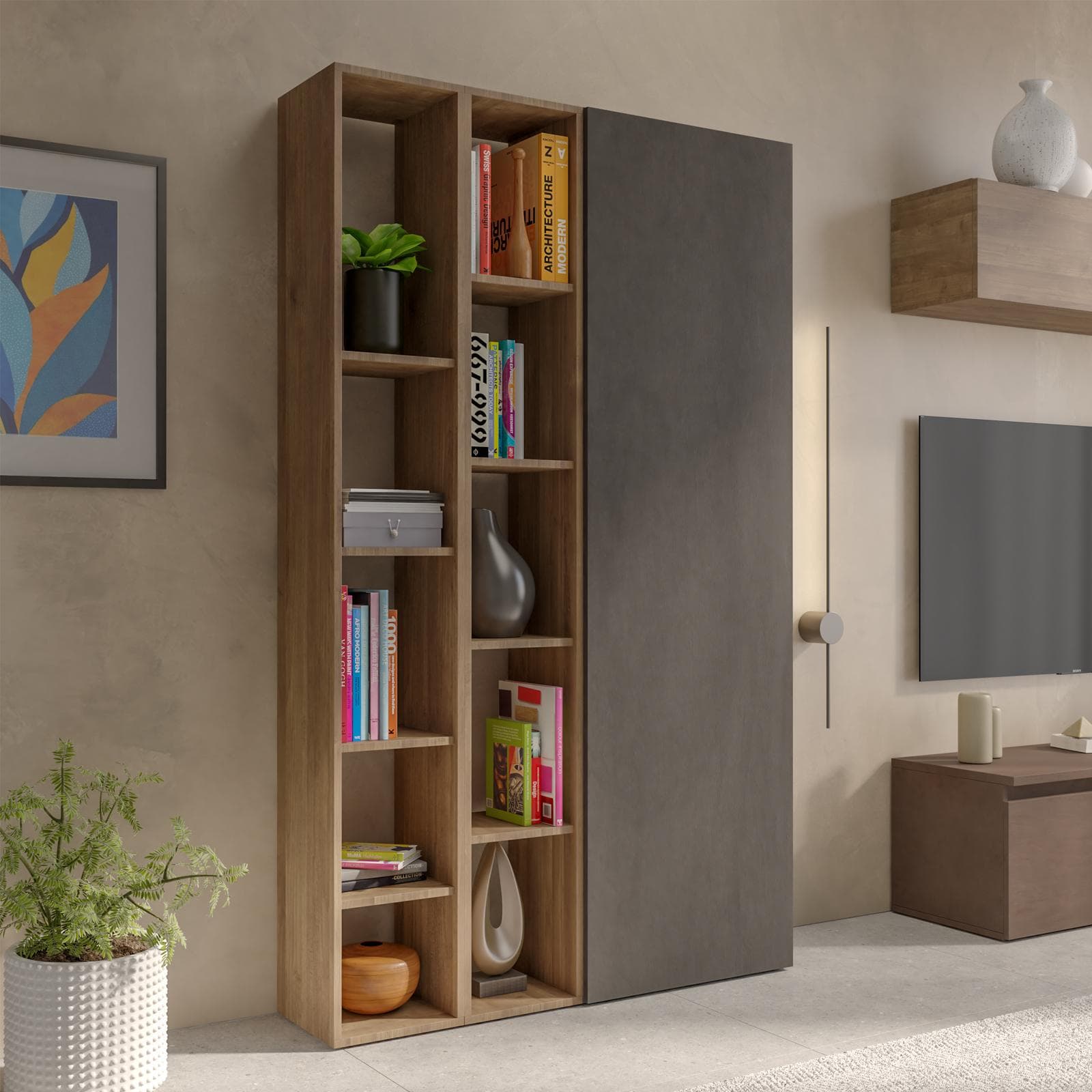 Libreria 109x185h cm 3 elementi con vani a giorno mercure e anta lava - Clary