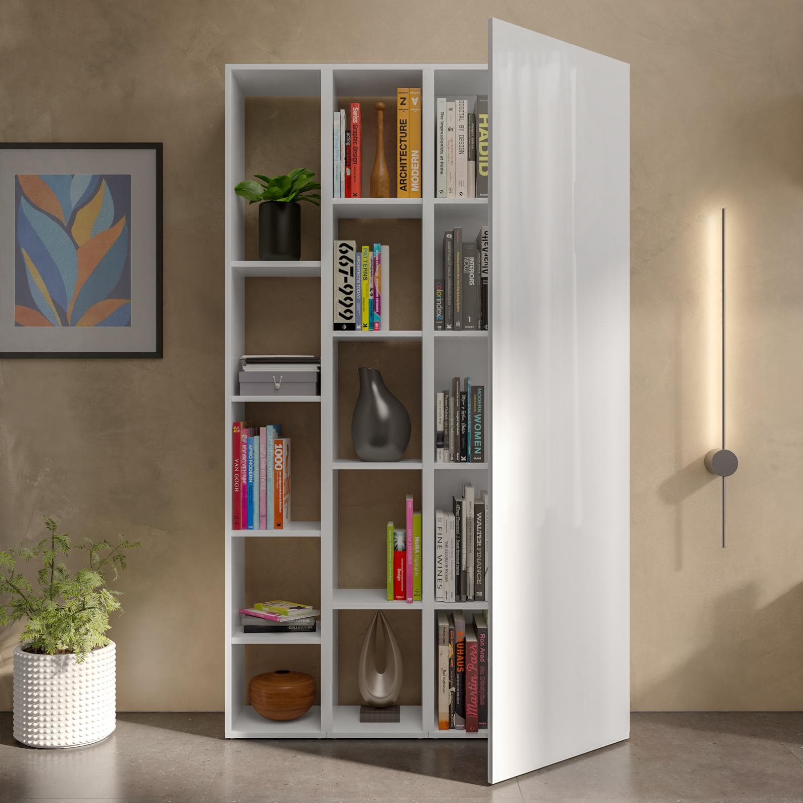 Libreria 109x185h cm 3 elementi bianco lucido con vani a giorno e anta - Clary