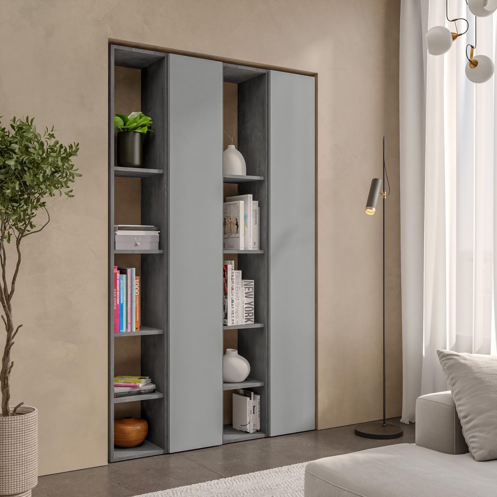 Libreria 111x185h cm 4 elementi con vani a giorno piombo e 2 ante ardesia - Clary
