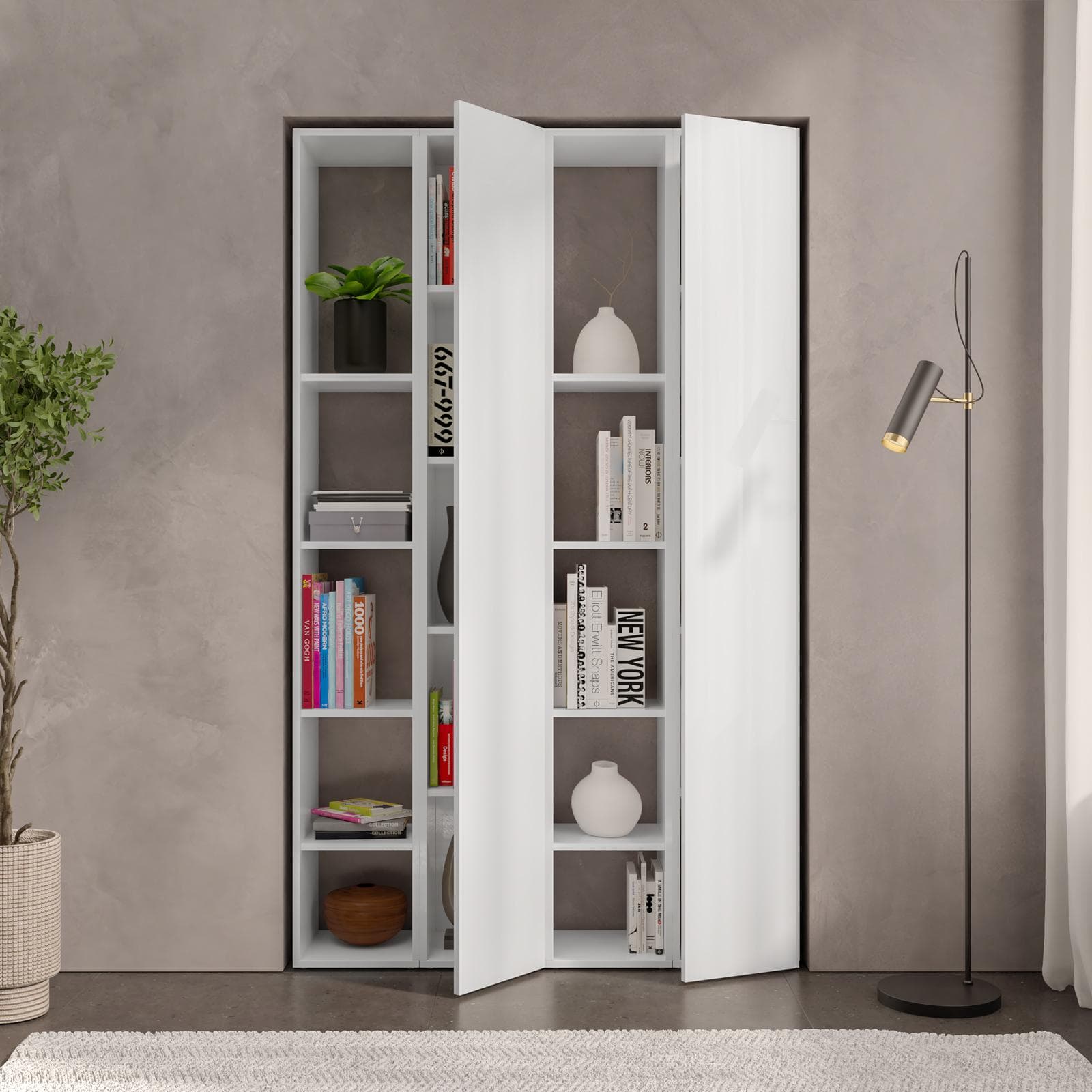 Libreria 111x185h cm 4 elementi bianco lucido con vani a giorno e 2 ante - Clary