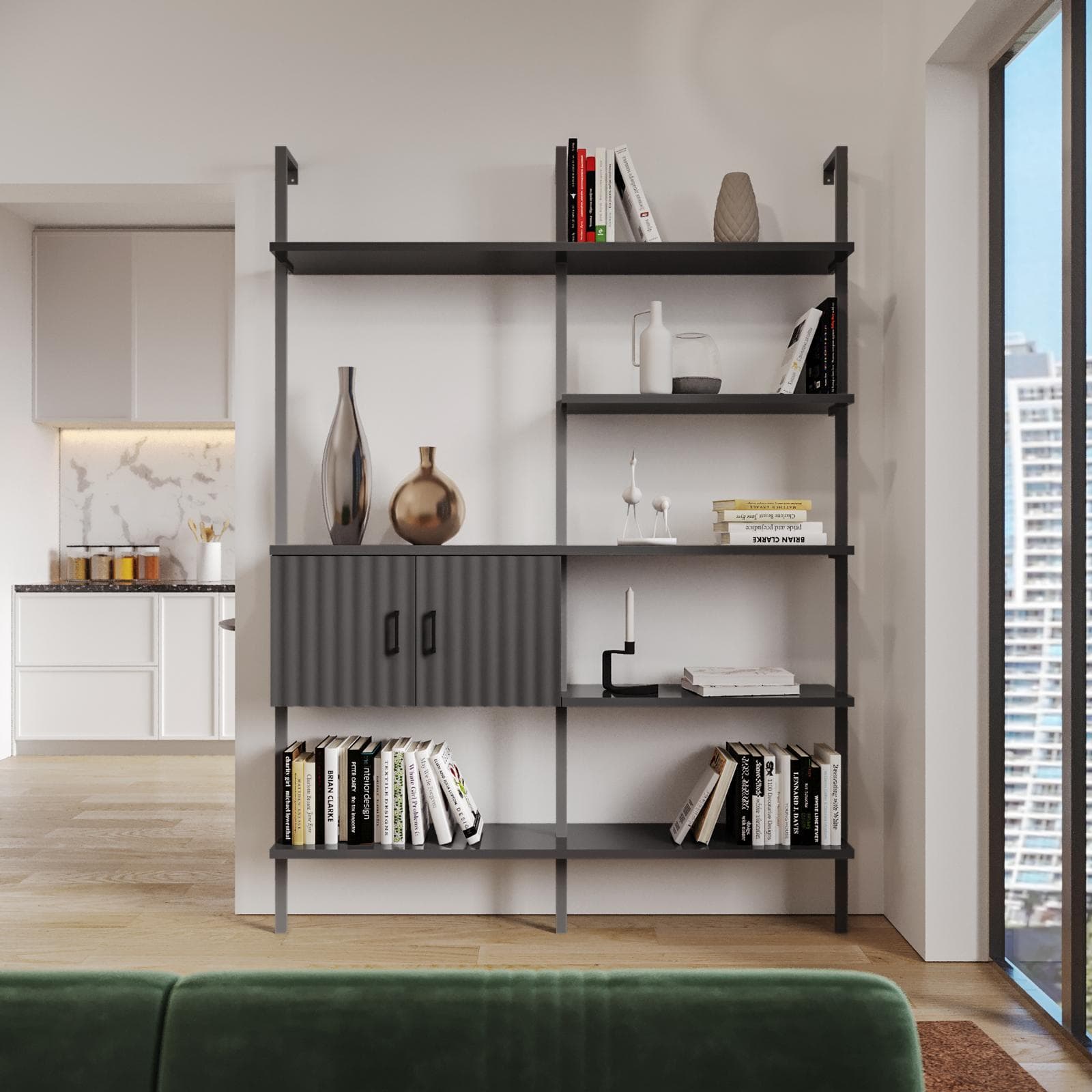 Libreria 157x216h cm con 2 ante con soft close antracite cannettato e dettagli nero opaco - Lofti