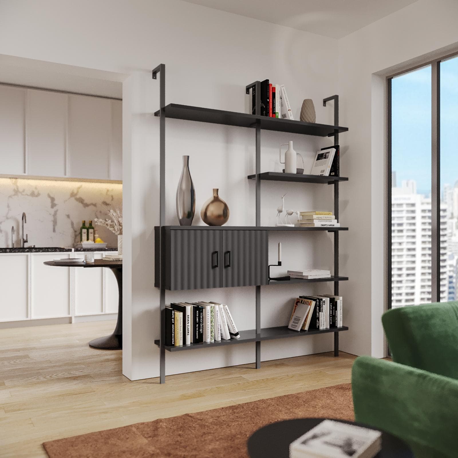 Libreria 157x216h cm con 2 ante con soft close antracite cannettato e dettagli nero opaco - Lofti