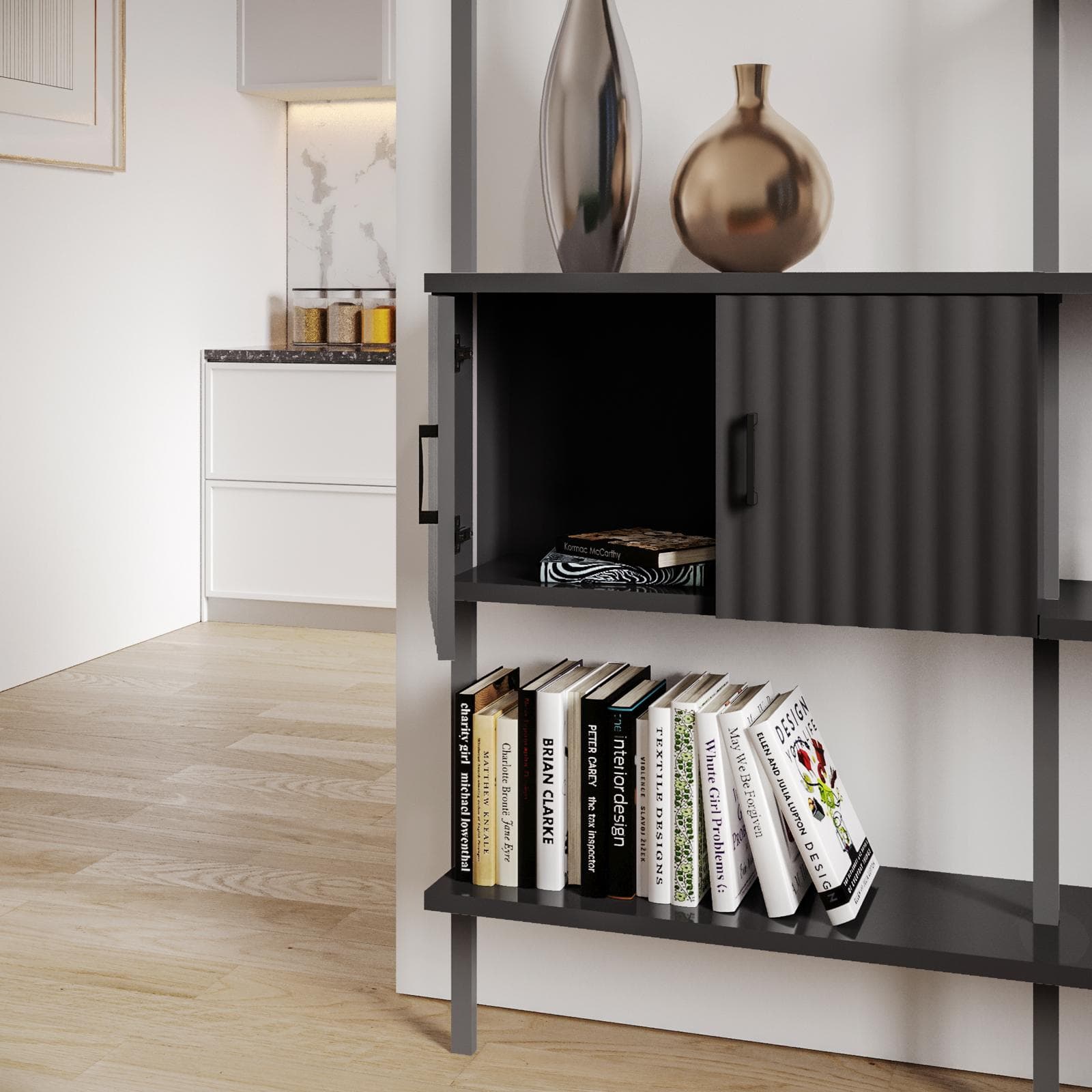 Libreria 157x216h cm con 2 ante con soft close antracite cannettato e dettagli nero opaco - Lofti