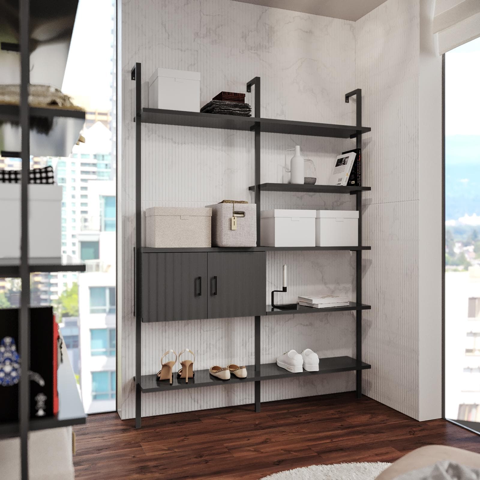 Libreria 157x216h cm con 2 ante con soft close antracite cannettato e dettagli nero opaco - Lofti