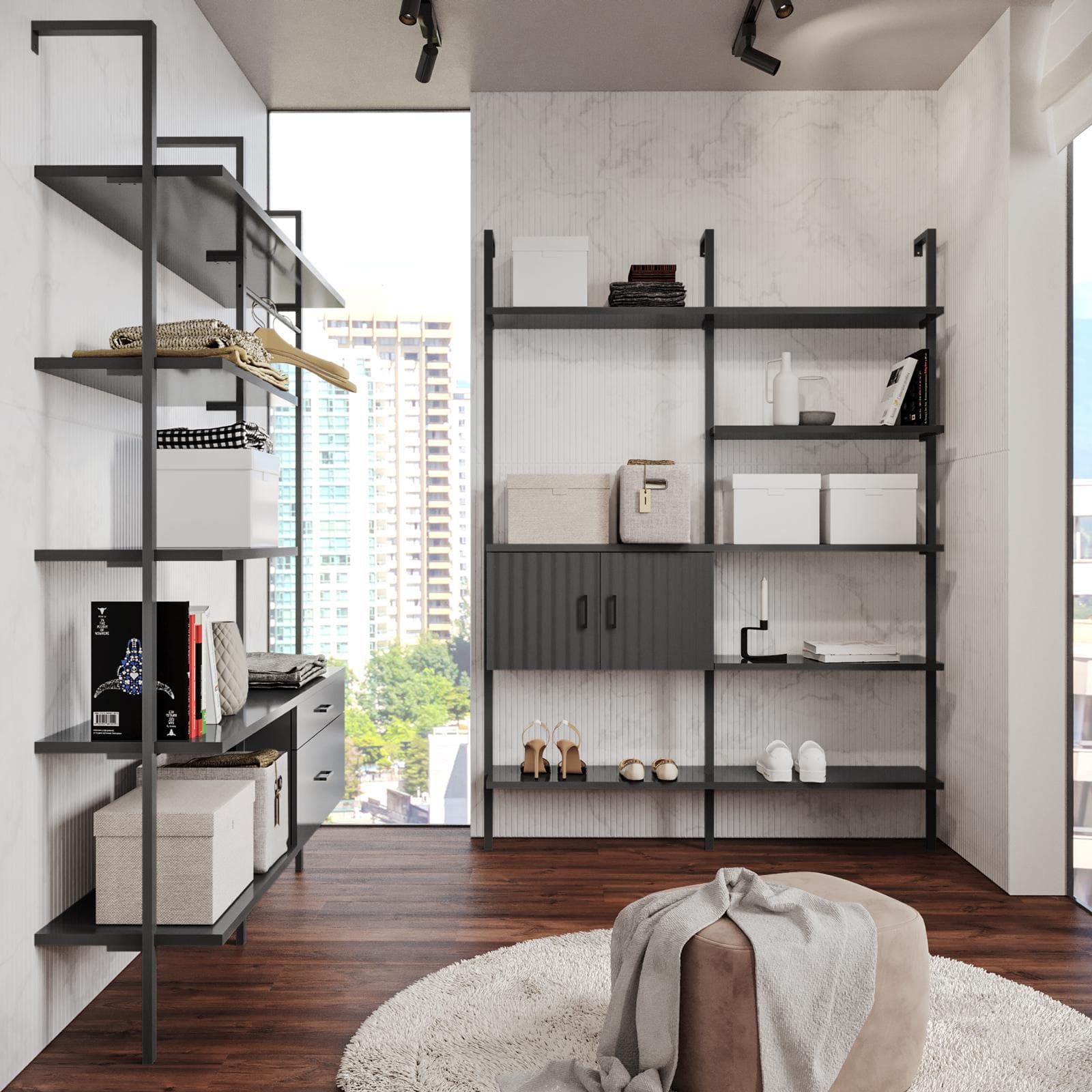 Libreria 157x216h cm con 2 ante con soft close antracite cannettato e dettagli nero opaco - Lofti