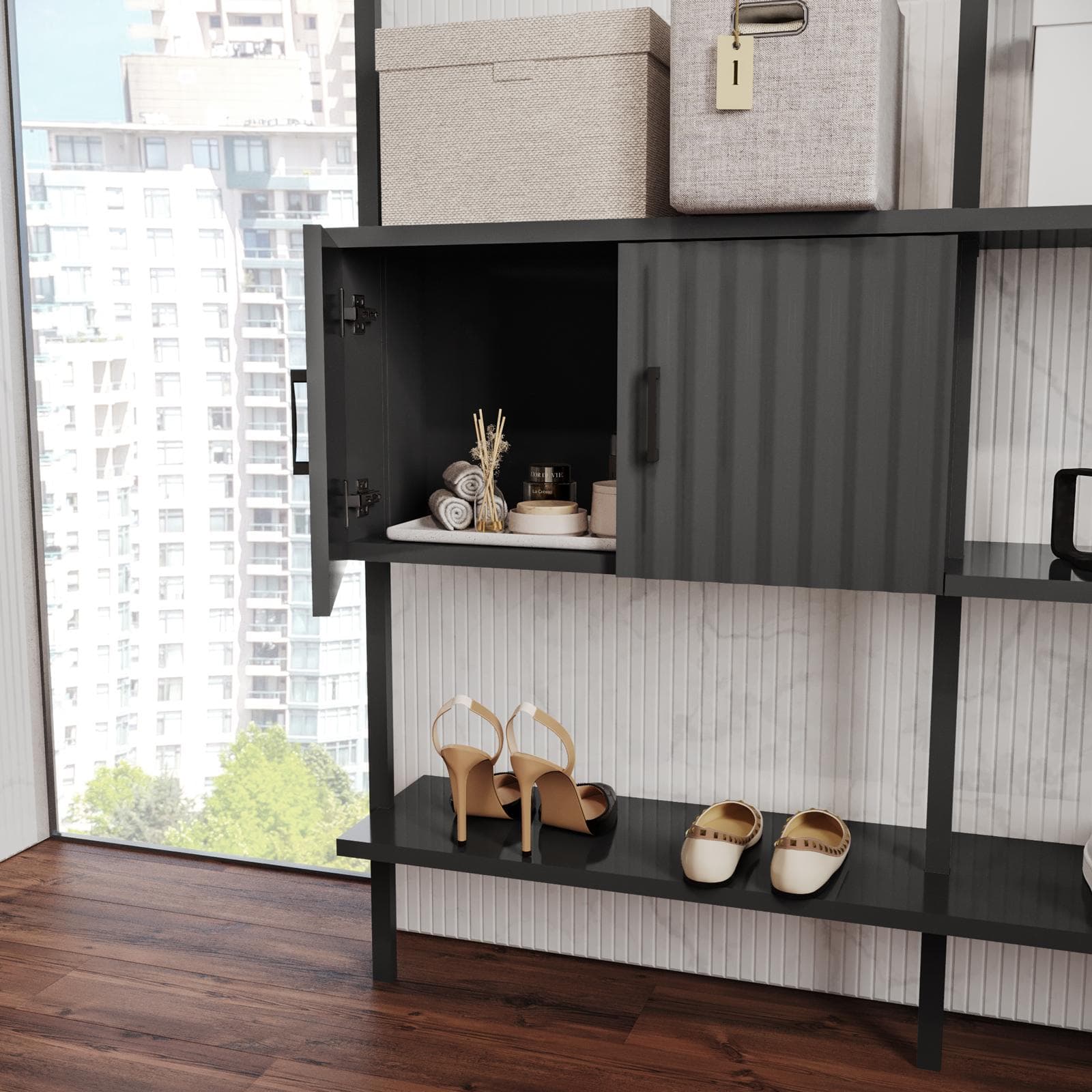 Libreria 157x216h cm con 2 ante con soft close antracite cannettato e dettagli nero opaco - Lofti