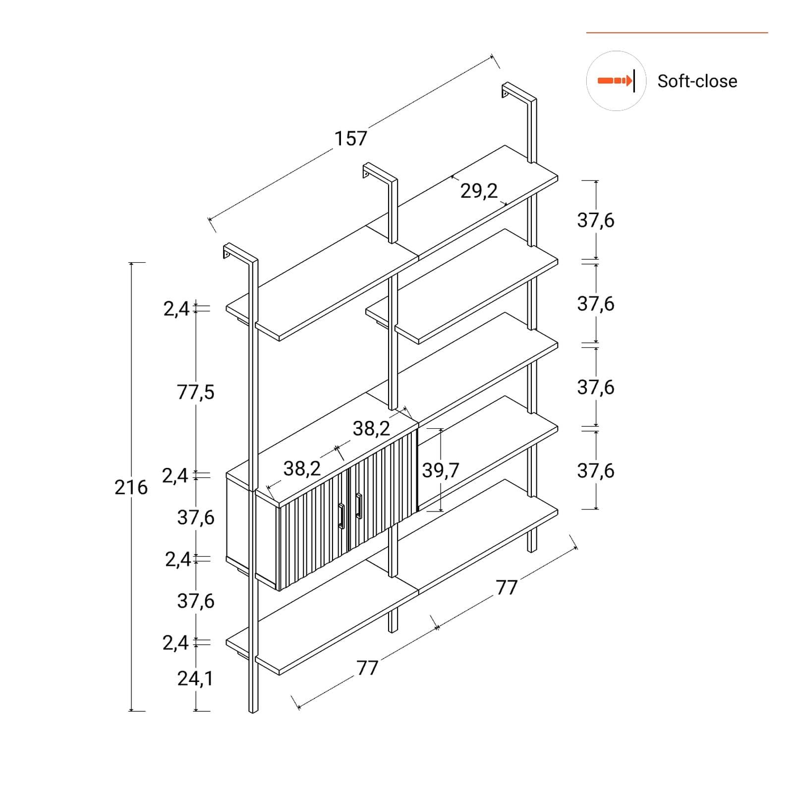 Libreria 157x216h cm con 2 ante con soft close antracite cannettato e dettagli nero opaco - Lofti