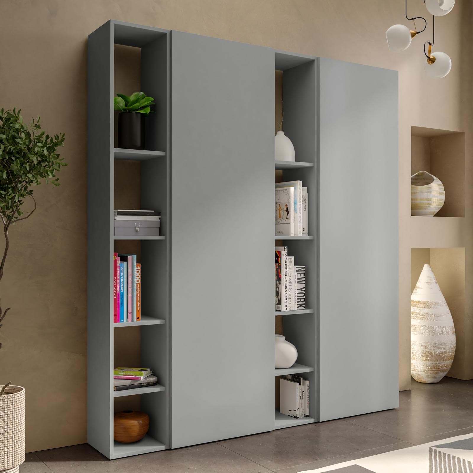 Libreria 163x185h cm 4 elementi ardesia con vani a giorno e 2 ante - Clary